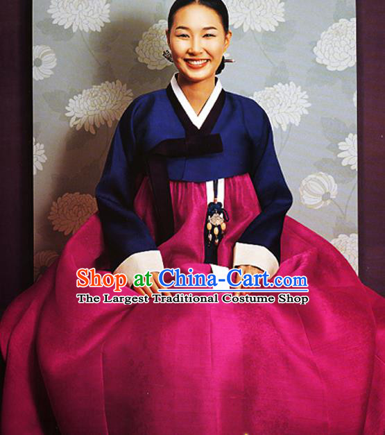 Korean Traditional Court Hanbok Navy Satin Blouse and Rosy Dress Garment Asian Korea Fashion Costume for Women