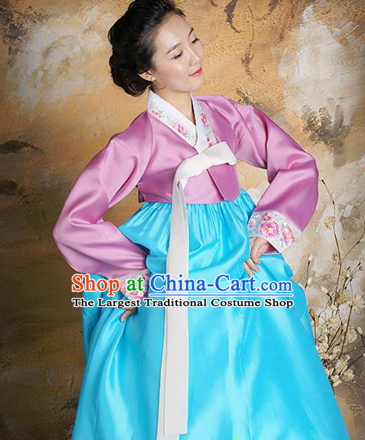 Korean Traditional Court Hanbok Pink Satin Blouse and Blue Dress Garment Asian Korea Fashion Costume for Women