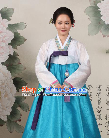 Korean Traditional Mother Hanbok White Blouse and Blue Dress Garment Asian Korea Fashion Costume for Women