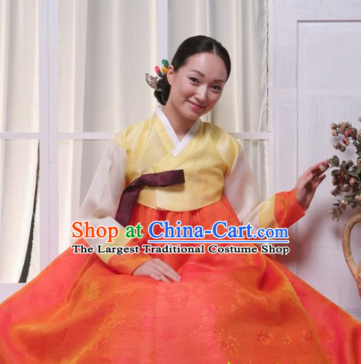 Korean Traditional Hanbok Yellow Blouse and Orange Dress Garment Asian Korea Fashion Costume for Women