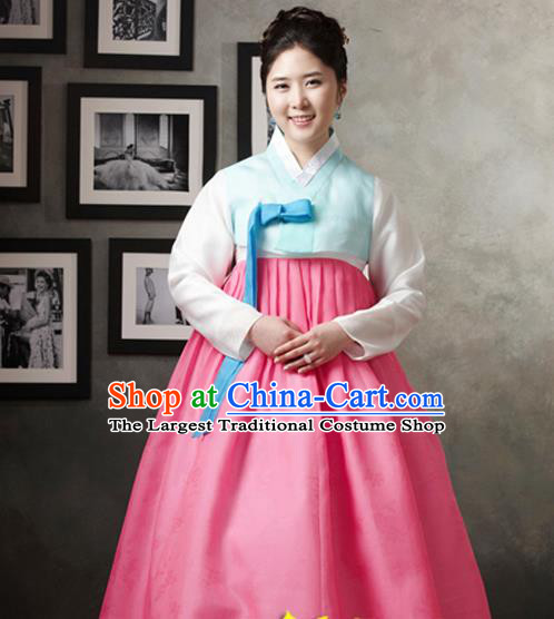 Korean Traditional Hanbok Light Blue Blouse and Pink Dress Garment Asian Korea Fashion Costume for Women