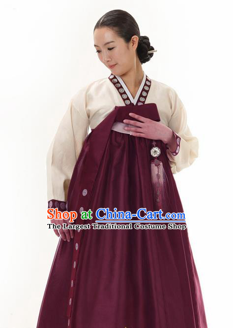 Korean Traditional Hanbok Beige Blouse and Wine Red Dress Garment Asian Korea Fashion Costume for Women