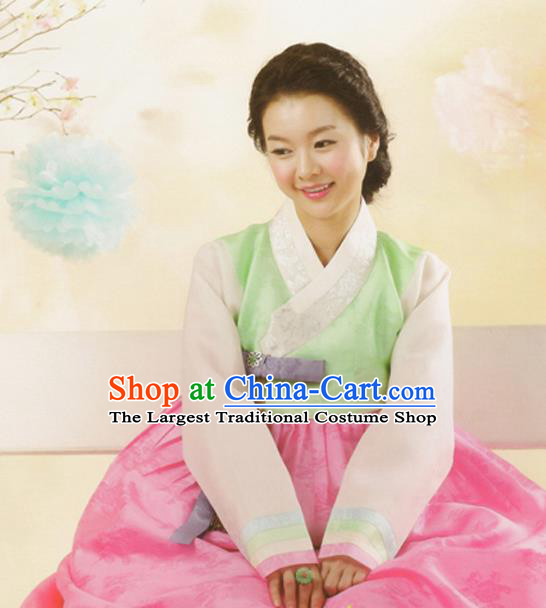 Korean Traditional Hanbok Light Green Blouse and Pink Dress Garment Asian Korea Fashion Costume for Women