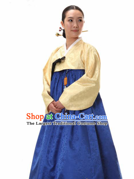 Korean Traditional Court Hanbok Yellow Blouse and Navy Dress Garment Asian Korea Fashion Costume for Women