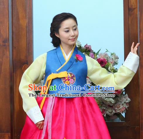 Korean Traditional Court Hanbok Blue Vest Blouse and Rosy Dress Garment Asian Korea Fashion Costume for Women