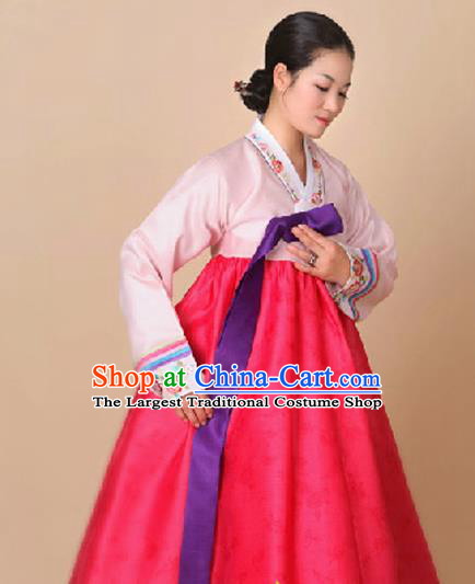 Korean Traditional Court Hanbok Pink Blouse and Red Dress Garment Asian Korea Fashion Costume for Women