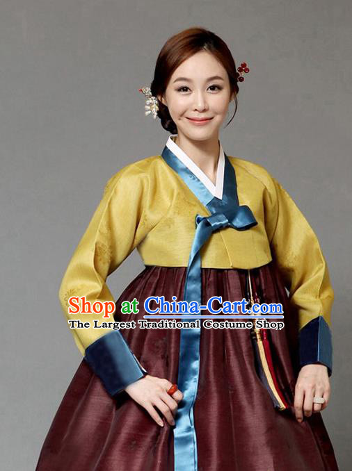 Korean Traditional Court Hanbok Ginger Blouse and Brown Dress Garment Asian Korea Fashion Costume for Women