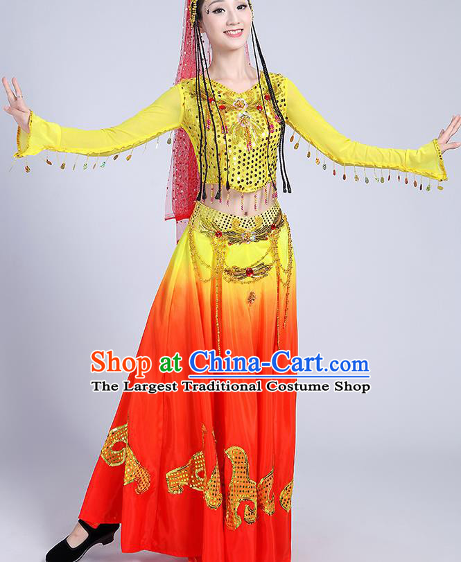 Chinese Traditional Uyghur Nationality Folk Dance Yellow Dress Uigurian Ethnic Costume for Women