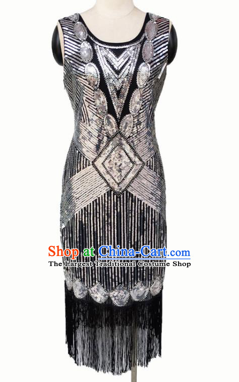 Top Professional Latin Dance Argent Sequins Tassel Short Dress Modern Dance Stage Performance Costume for Women