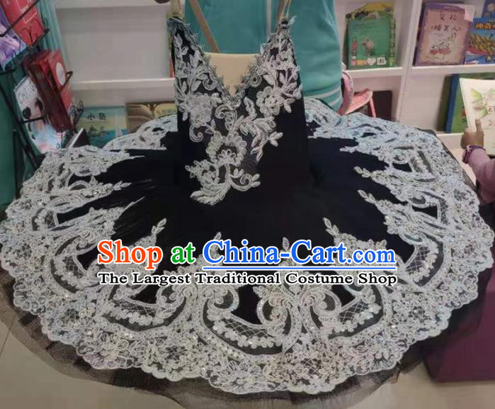 Professional Ballet Dance Tutu Embroidered Black Short Dress Modern Dance Ballerina Stage Performance Costume for Kids