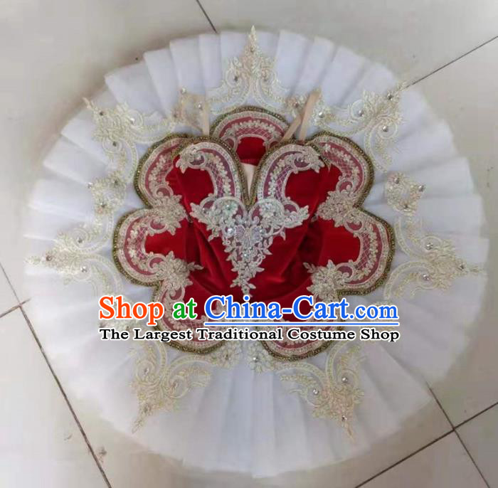 Professional Ballet Dance Tutu Embroidered Red Velvet Short Dress Modern Dance Ballerina Stage Performance Costume for Kids