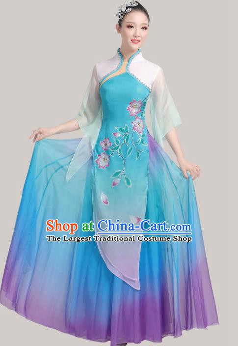 Chinese Traditional Umbrella Dance Fan Dance Blue Dress Classical Dance Stage Performance Costume for Women