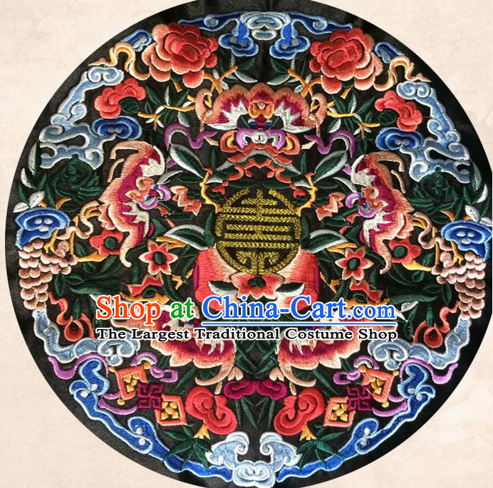 Chinese Traditional Embroidered Bats Black Round Applique Embroidery Patch Embroidery Craft Accessories