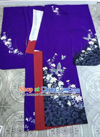 Traditional Asian Japan Geisha Clothing Japanese Fashion Apparel Printing Butterfly Purple Furisode Kimono Costume for Women