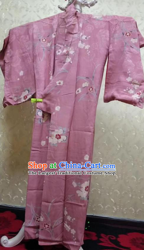 Traditional Japan Geisha Printing Plum Blossom Pink Furisode Kimono Asian Japanese Fashion Apparel Costume for Women