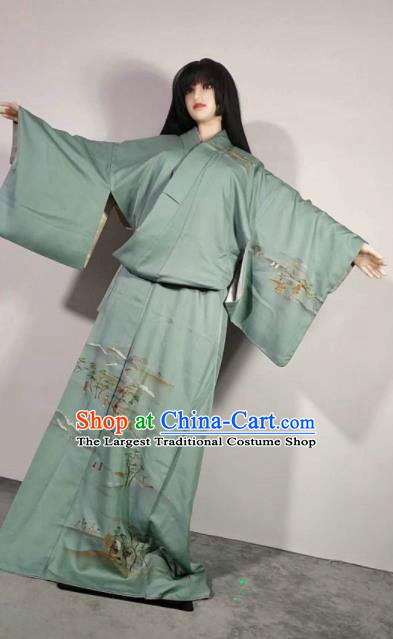 Traditional Japan Geisha Printing Green Furisode Kimono Asian Japanese Fashion Apparel Costume for Women