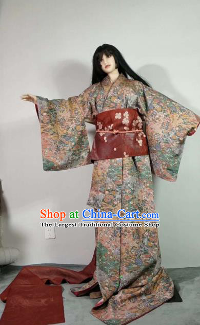 Traditional Japan Geisha Printing Chrysanthemum Furisode Kimono Asian Japanese Fashion Apparel Costume for Women