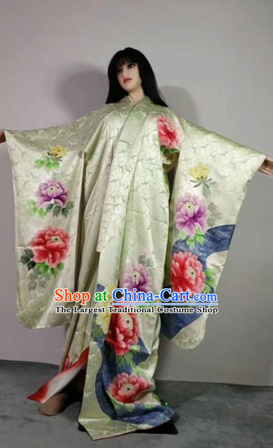 Traditional Japan Geisha Printing Peony Green Brocade Furisode Kimono Asian Japanese Fashion Apparel Costume for Women