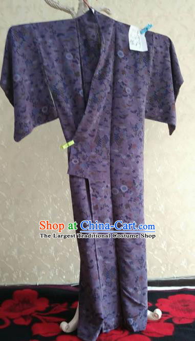 Traditional Japan Geisha Printing Purple Furisode Kimono Asian Japanese Fashion Apparel Costume for Women