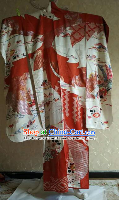 Traditional Japan Geisha Printing Red Silk Furisode Kimono Asian Japanese Fashion Apparel Costume for Women