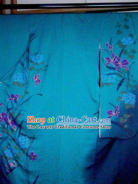 Traditional Japan Geisha Printing Orchid Blue Silk Furisode Kimono Asian Japanese Fashion Apparel Costume for Women