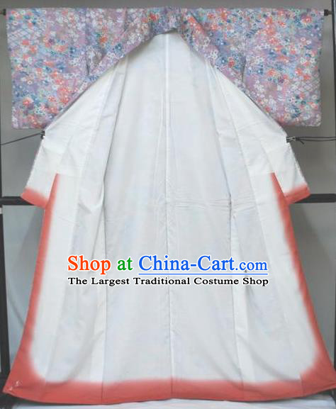 Traditional Japan Geisha Printing Peony Lilac Silk Furisode Kimono Asian Japanese Fashion Apparel Costume for Women