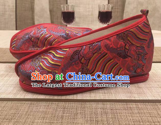 Chinese Traditional Classical Wave Pattern Dark Red Satin Embroidered Shoes Princess Shoes Opera Shoes Hanfu Shoes for Women