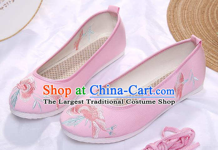 Chinese Traditional Pink Embroidered Peony Shoes Opera Shoes Hanfu Shoes Wedding Shoes for Women