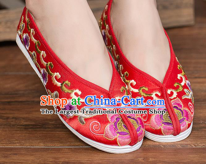 Chinese Traditional Red Satin Embroidered Shoes Opera Shoes Hanfu Shoes Wedding Shoes for Women