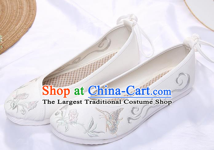 Chinese Traditional White Embroidered Butterfly Orchid Shoes Opera Shoes Hanfu Shoes Wedding Shoes for Women