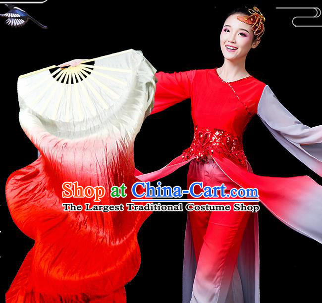 Traditional Chinese Folk Dance Red Silk Fan Stage Performance Yangko Dance Ribbon Folding Fan