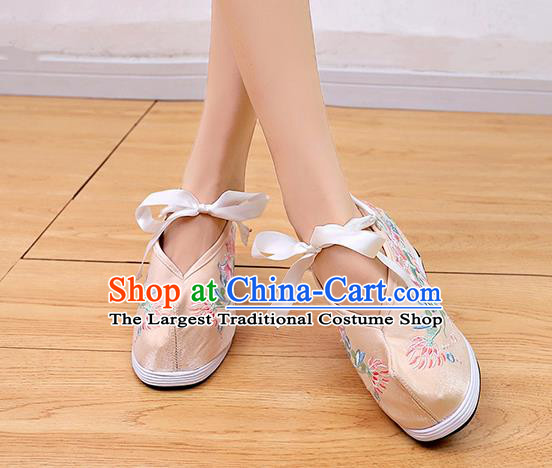 Asian Chinese Traditional Wedding Beige Satin Shoes Embroidered Shoes Opera Shoes Hanfu Shoes for Women