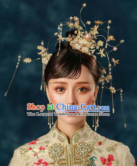 Chinese Traditional Wedding Bride Golden Flowers Hair Comb and Tassel Hairpins Hair Accessories for Women