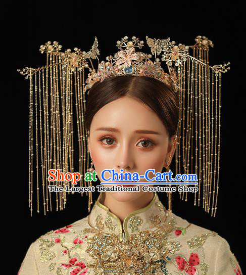 Chinese Traditional Wedding Bride Peach Blossom Phoenix Coronet Hairpins Hair Accessories for Women