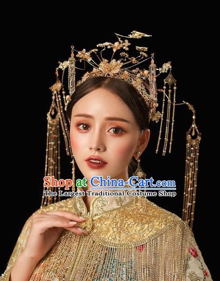 Chinese Traditional Wedding Bride Golden Pine Birds Phoenix Coronet Hairpins Hair Accessories for Women