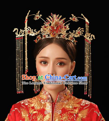 Chinese Traditional Wedding Bride Golden Dragon Phoenix Coronet Hairpins Hair Accessories for Women