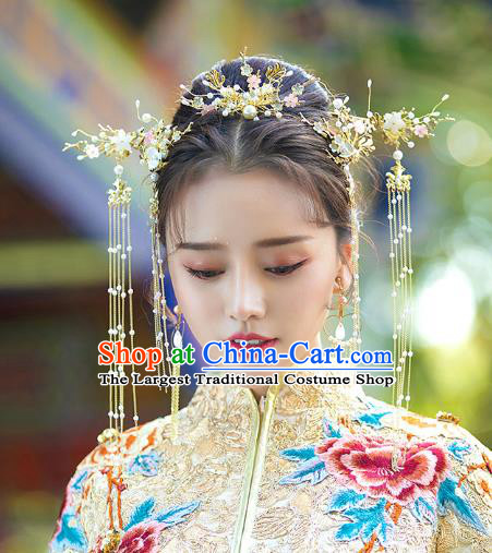 Chinese Traditional Wedding Bride Golden Leaf Hair Comb and Tassel Hairpins Hair Accessories for Women