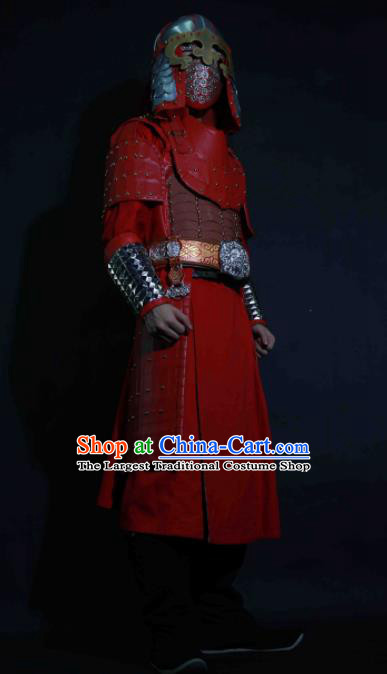 Chinese Traditional Yuan Dynasty General Red Body Armor Ancient Swordsman Costumes for Men