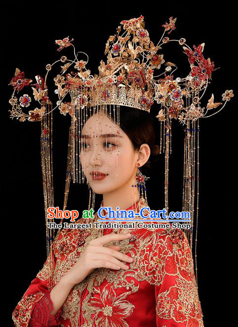 Chinese Traditional Ancient Bride Red Butterfly Phoenix Coronet Wedding Hair Accessories for Women