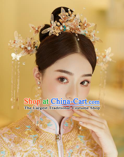 Chinese Traditional Hanfu Golden Dragonfly Hair Comb Tassel Hairpins Ancient Princess Hair Accessories for Women