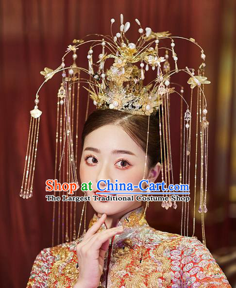 Chinese Traditional Ancient Bride Luxury Golden Tassel Phoenix Coronet Wedding Hair Accessories for Women