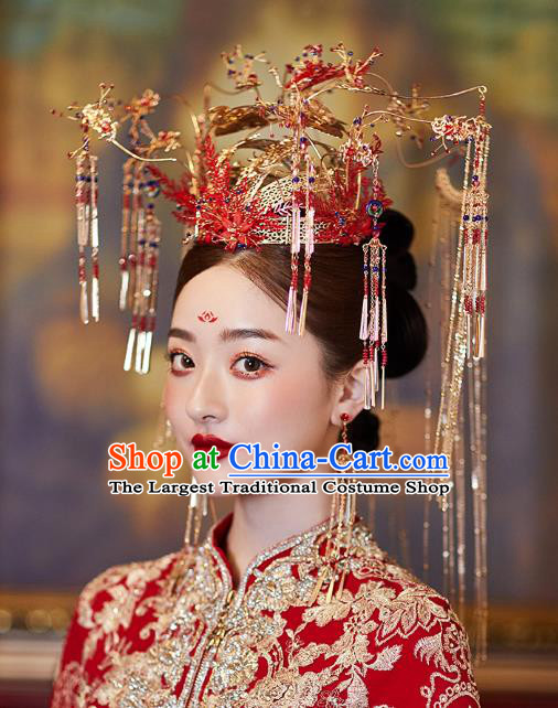 Chinese Traditional Ancient Bride Headdress Red Flowers Phoenix Coronet Wedding Hair Accessories for Women