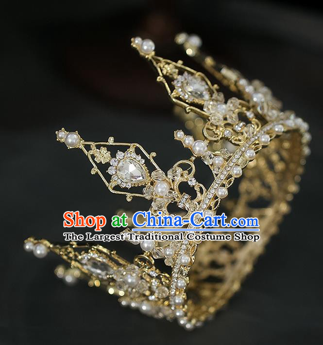 Top Grade Baroque Bride Golden Crystal Round Royal Crown Wedding Queen Hair Accessories for Women