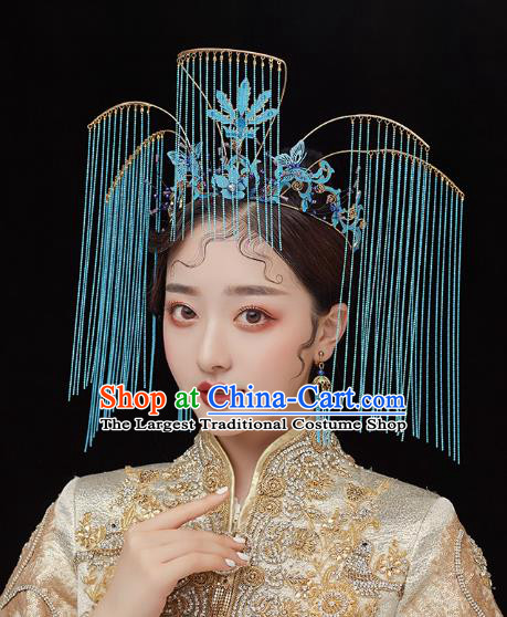 Chinese Traditional Ancient Bride Headdress Blue Tassel Phoenix Coronet Wedding Hair Accessories for Women