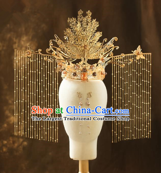 Chinese Traditional Ancient Golden Phoenix Coronet Hairpins Bride Headdress Wedding Hair Accessories for Women