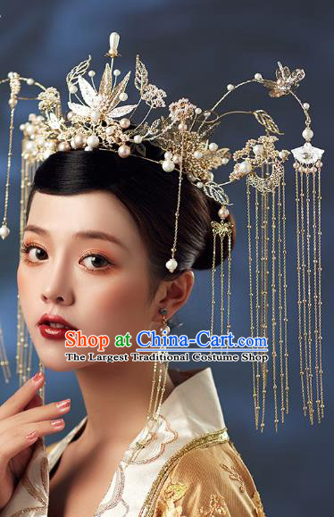 Chinese Traditional Ancient Golden Leaf Phoenix Coronet Hairpins Bride Headdress Wedding Hair Accessories for Women