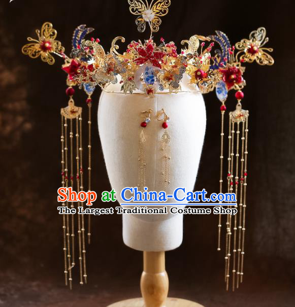 Chinese Ancient Red Pomegranate Flower Phoenix Coronet Hairpins Bride Headdress Traditional Wedding Hair Accessories for Women