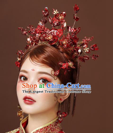 Chinese Ancient Red Flowers Phoenix Coronet Hairpins Bride Headdress Traditional Wedding Hair Accessories for Women