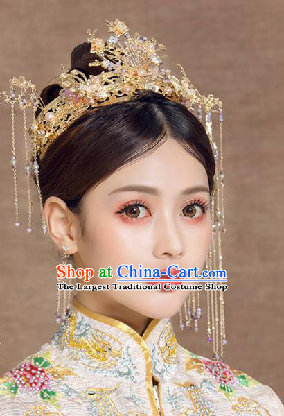 Chinese Wedding Headdress Golden Phoenix Coronet Traditional Ancient Bride Hair Accessories for Women