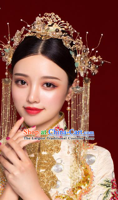 Chinese Traditional Wedding Golden Pine Hair Comb and Tassel Hairpins Ancient Bride Hair Accessories for Women